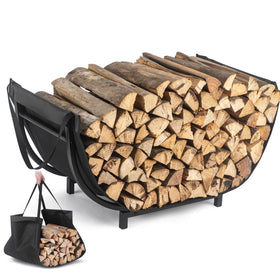 Facka curved firewood rack with bag top mat keeps logs clean and ready for fireplace