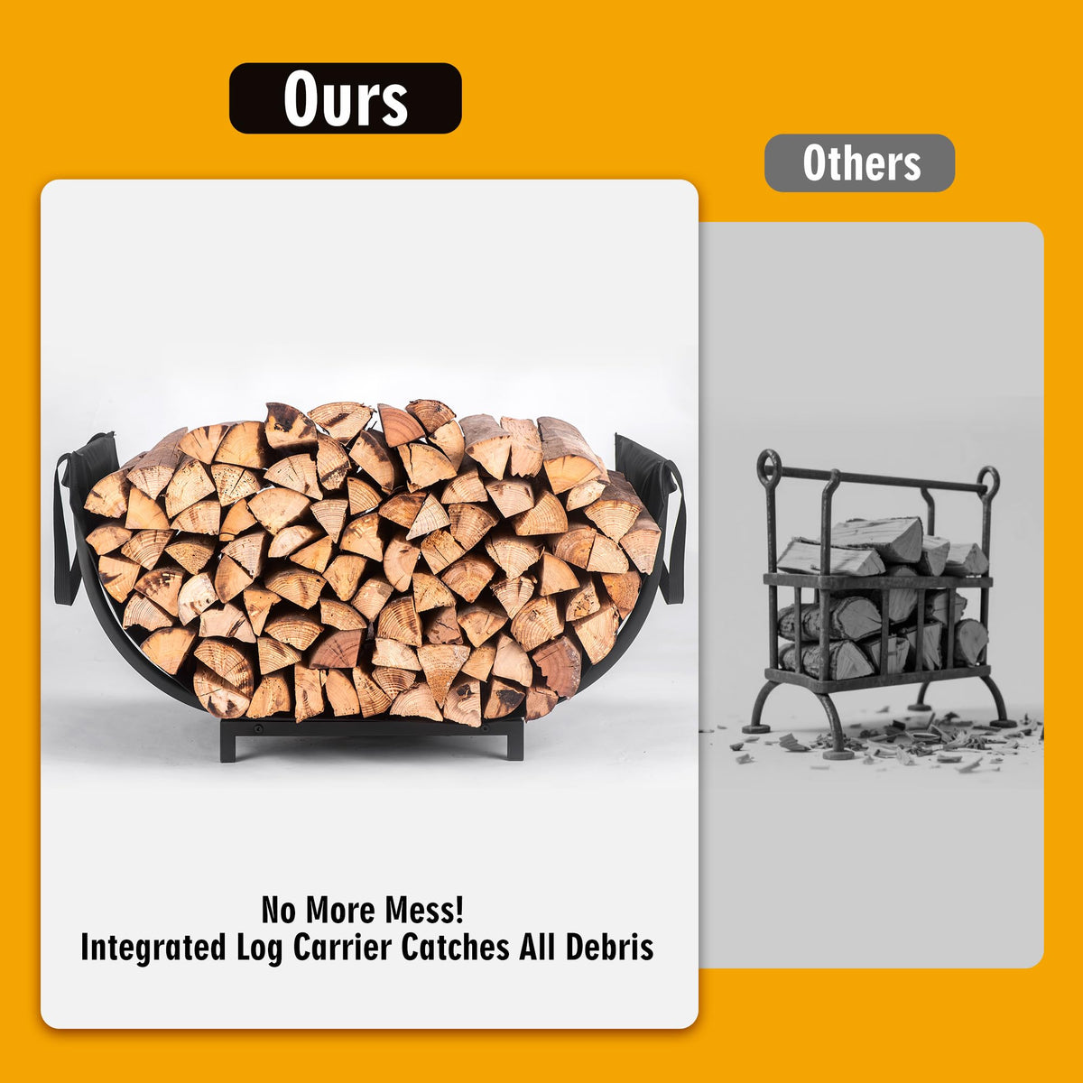 Facka curved firewood rack with side handles for easy relocation