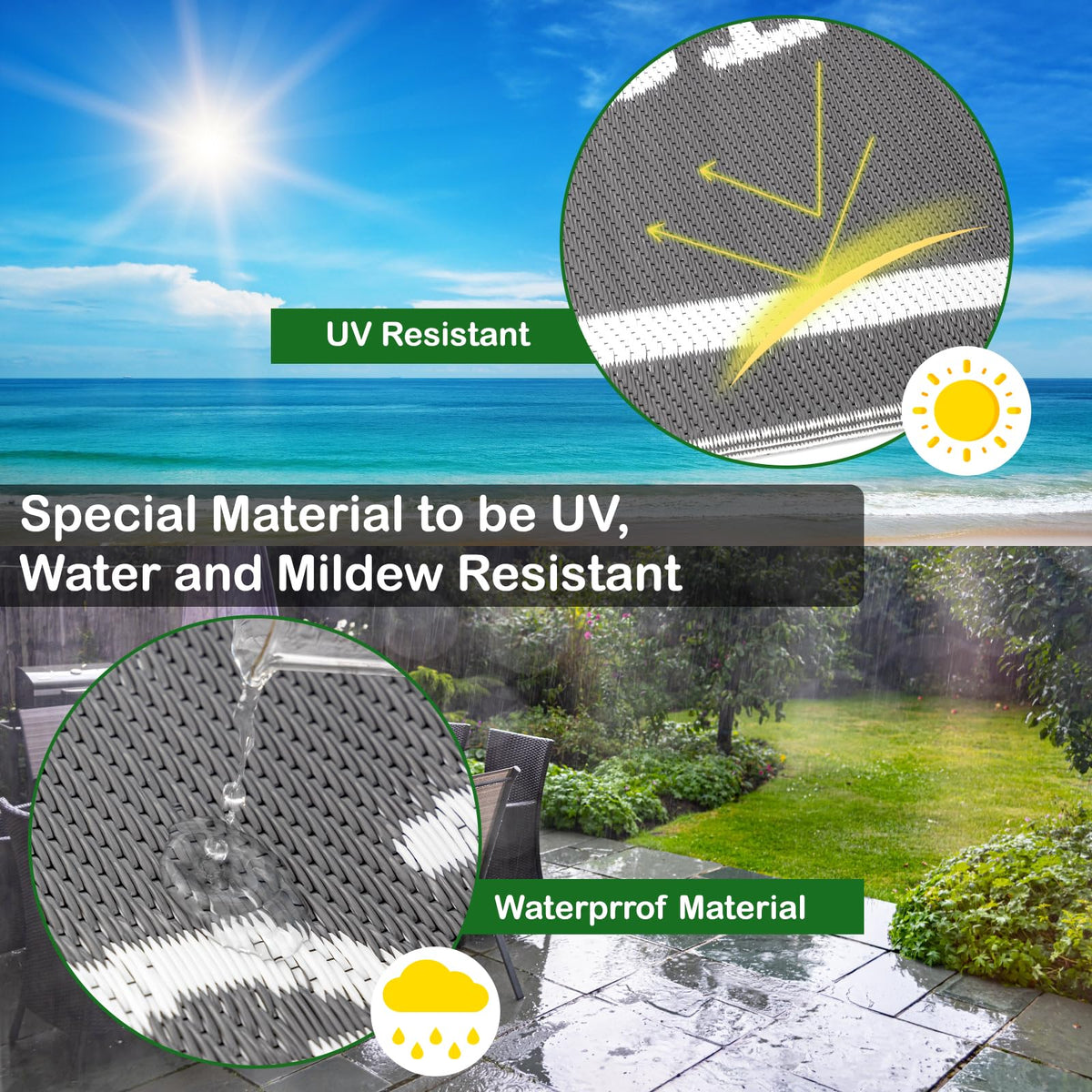 FACOYANS rug with UV-resistant coating to prevent color fading in sun.
