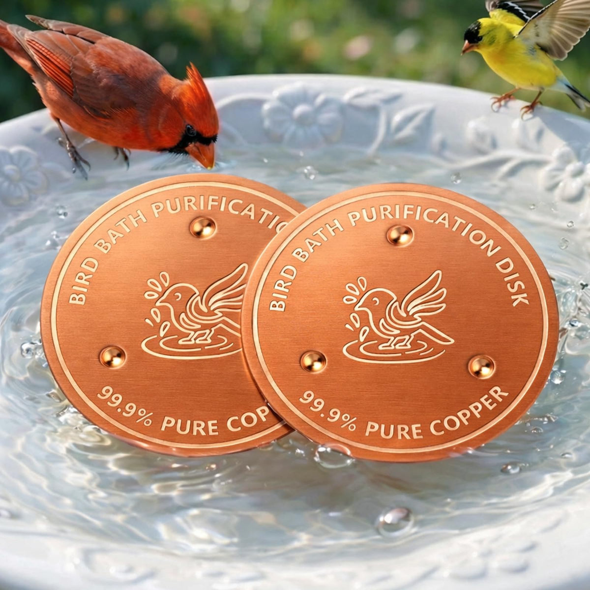 Factee bird bath copper disk 2-pack rests at the bottom to help keep water clearer.