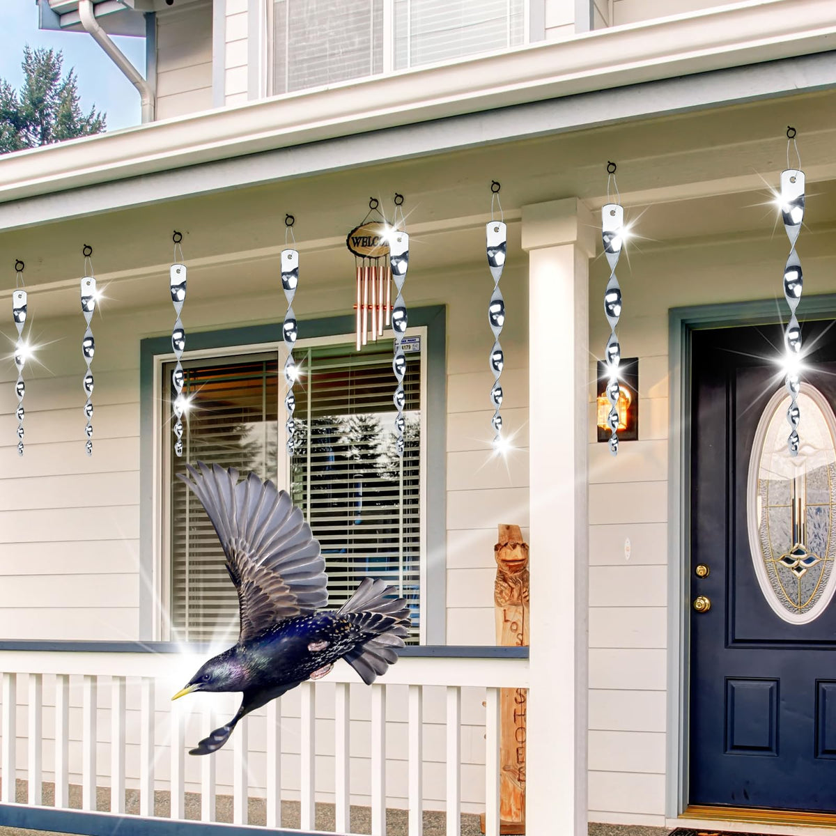 Factee hanging bird reflective rods provide dynamic light cues that deter visits