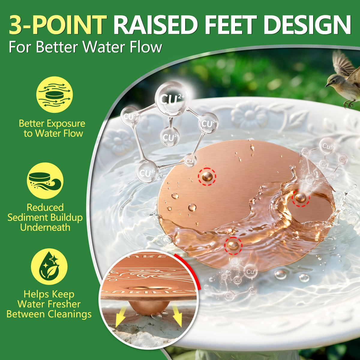 Factee three-point raised design promotes water flow and stable placement.