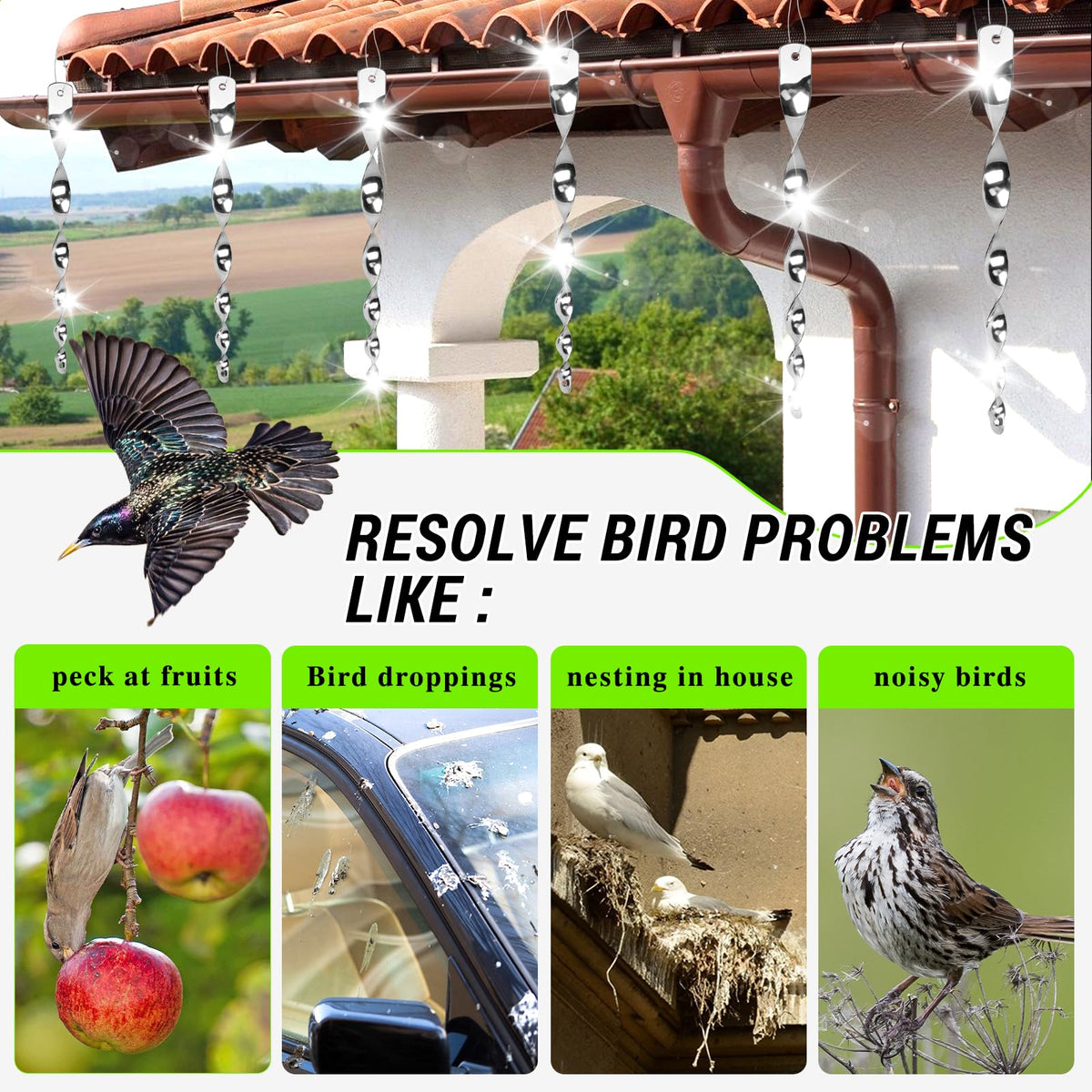 Factee woodpecker deterrent rods with a mirror surface create visual disturbance to invite birds elsewhere