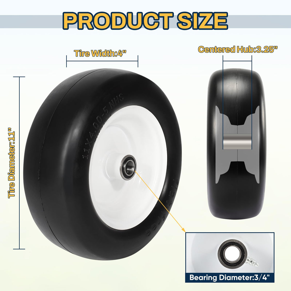 FAHKNS solid lawn mower tire side view showing durable tread and foam core