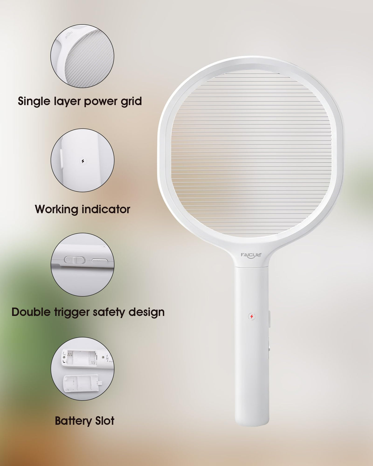Faicuk bug zapper racket in outdoor use, battery-powered for instant action