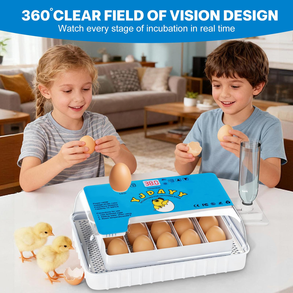 Failenfeivp incubator blue housing supports chicken, duck, and quail egg hatching.