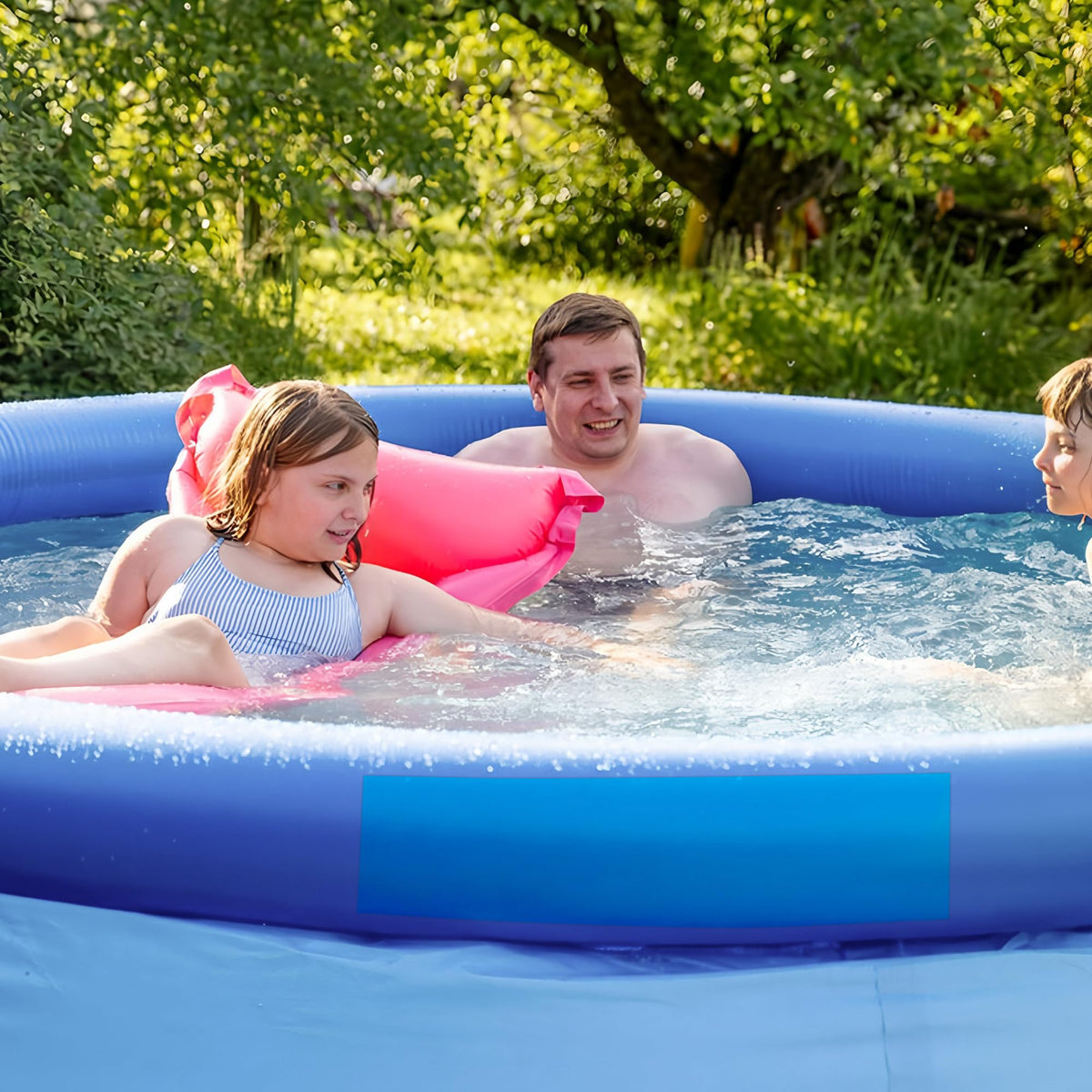 Fairooth repair patch applied to an above-ground pool liner in use.