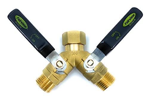 Fairview garden hose splitter with large handles enables easy water control.