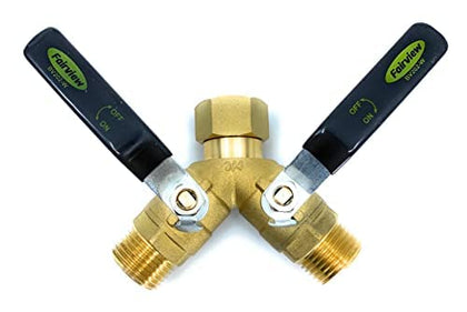 Fairview garden hose splitter with large handles enables easy water control.