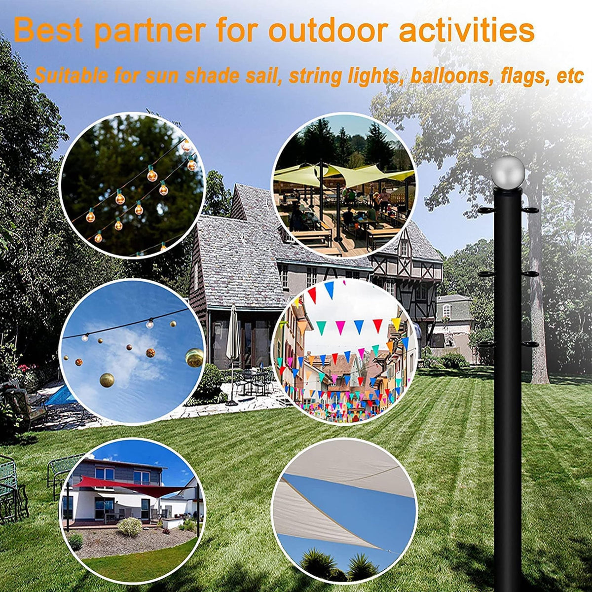 Fairyrain 10ft shade pole with decorative stainless ball for premium look