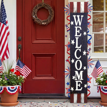 FairySandy Fourth of July porch sign greets guests with patriotic curb appeal.