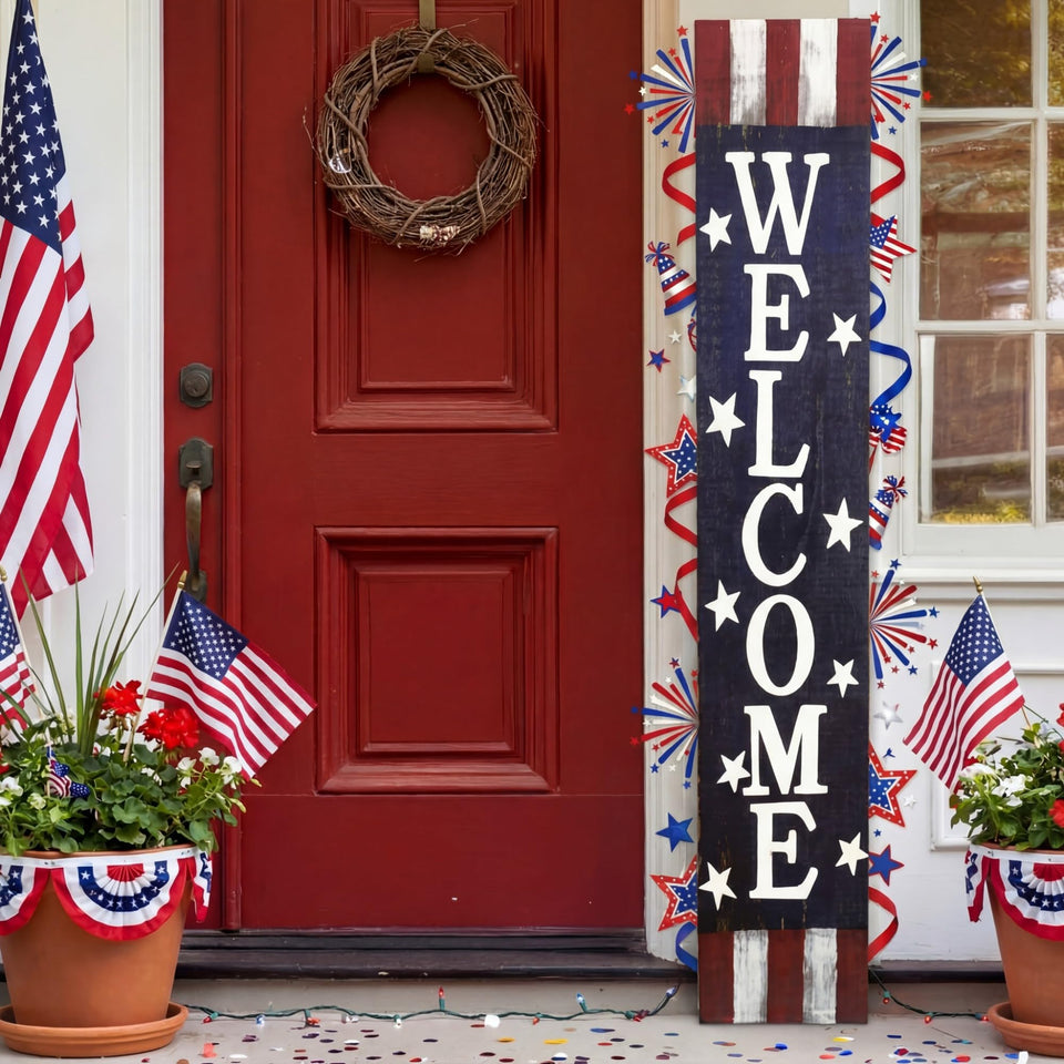 FairySandy Fourth of July porch sign greets guests with patriotic curb appeal.