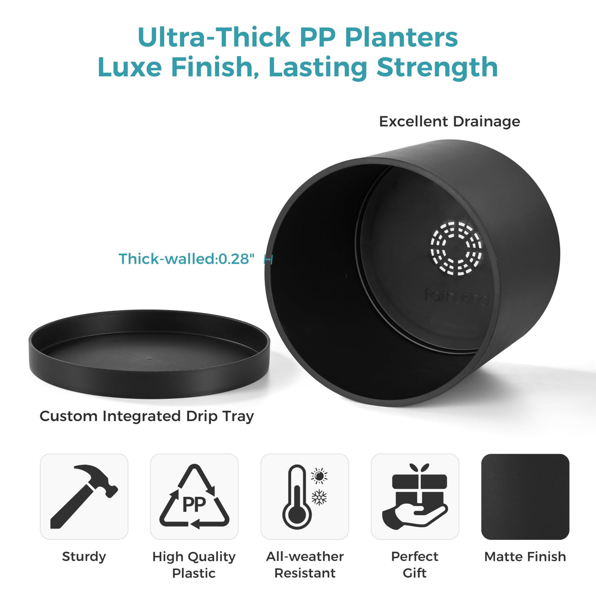FaithLand 10-Inch Modern Cylinder Planter side view showcases sleek silhouette for any space.
