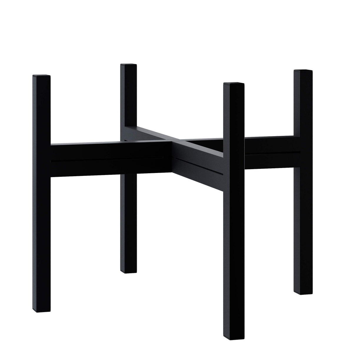 FaithLand mid-century plant stand side view showing sturdy steel frame for indoor/outdoor use