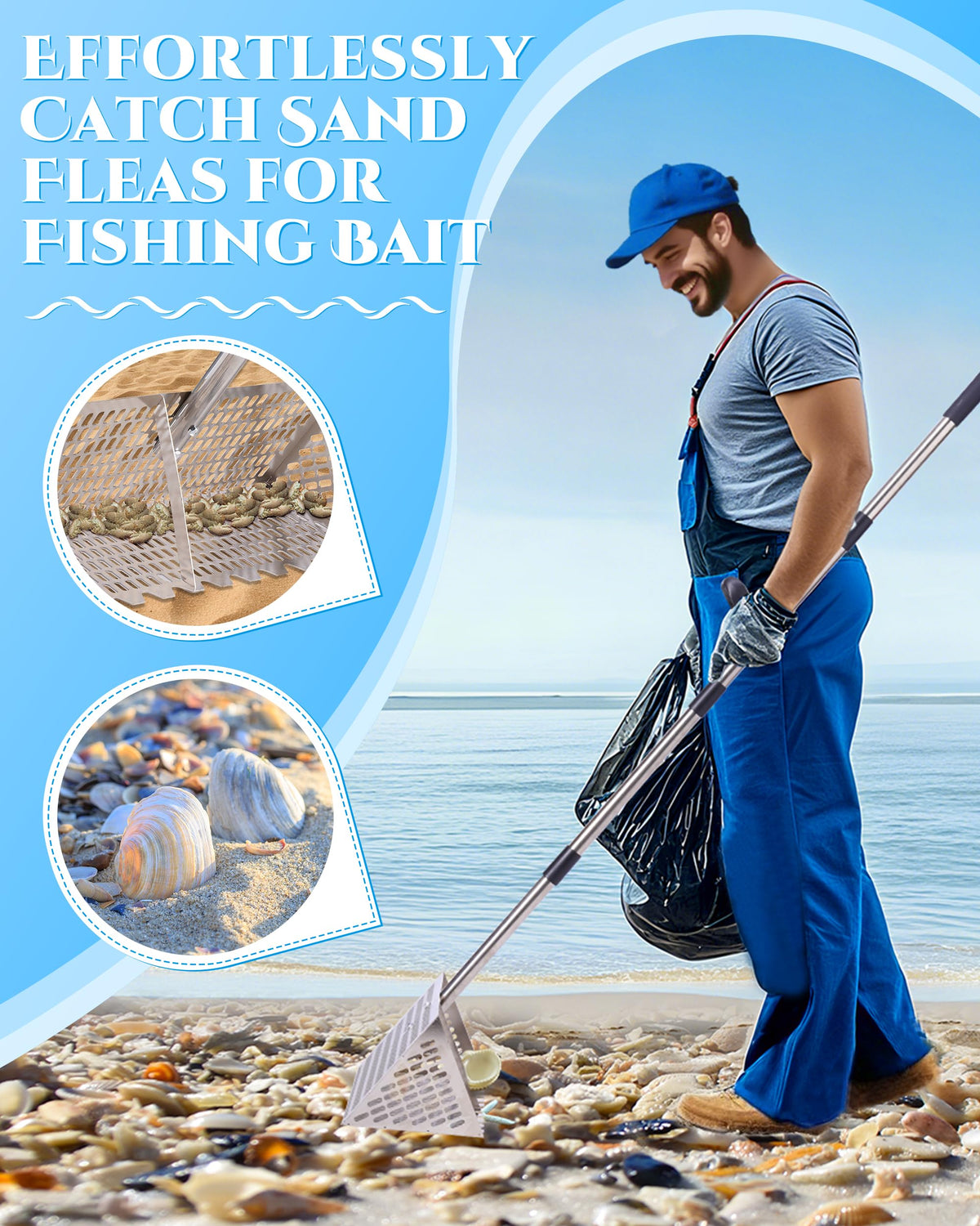FAITIO Sand Flea Rake 54in detachable handle eases transport and reduces back strain