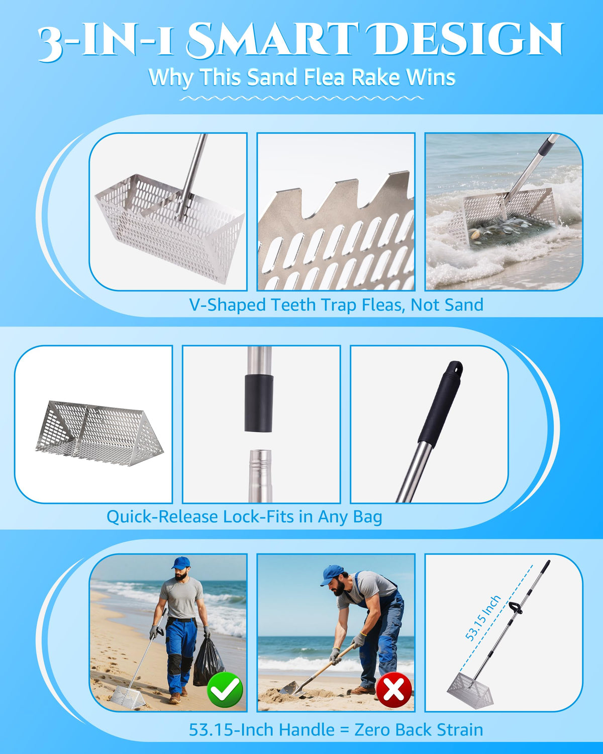 FAITIO Sand Flea Rake shark tooth screen highlights durable screening for shells and debris