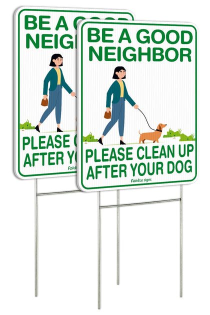 Faittoo Clean Up After Your Dog sign front view reminds neighbors to pick up after pets.