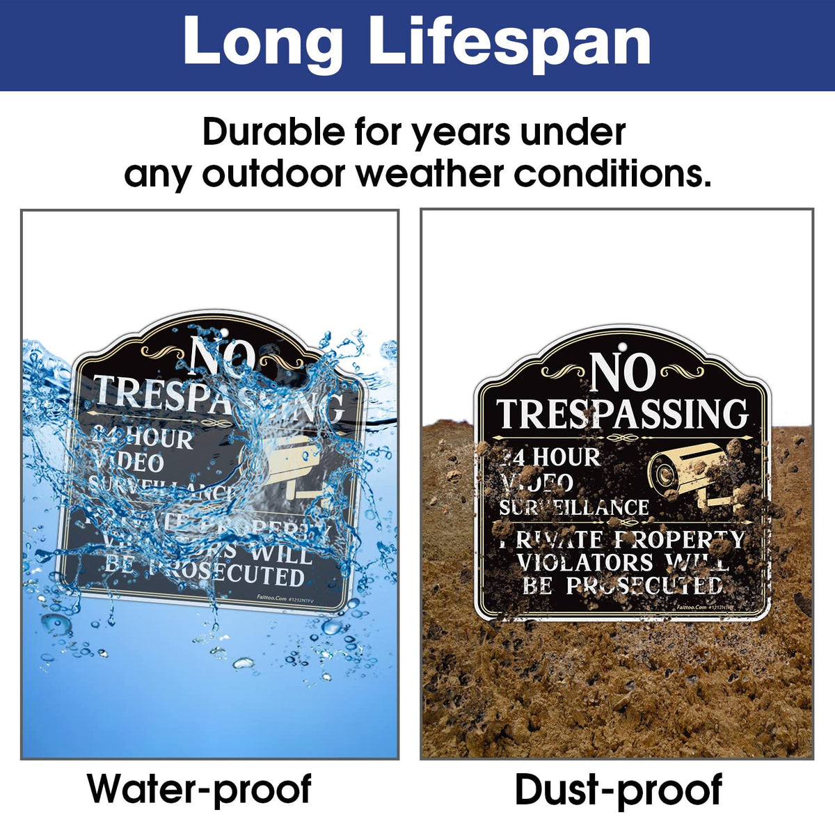 Faittoo no trespassing sign showing two pre-drilled holes for easy install