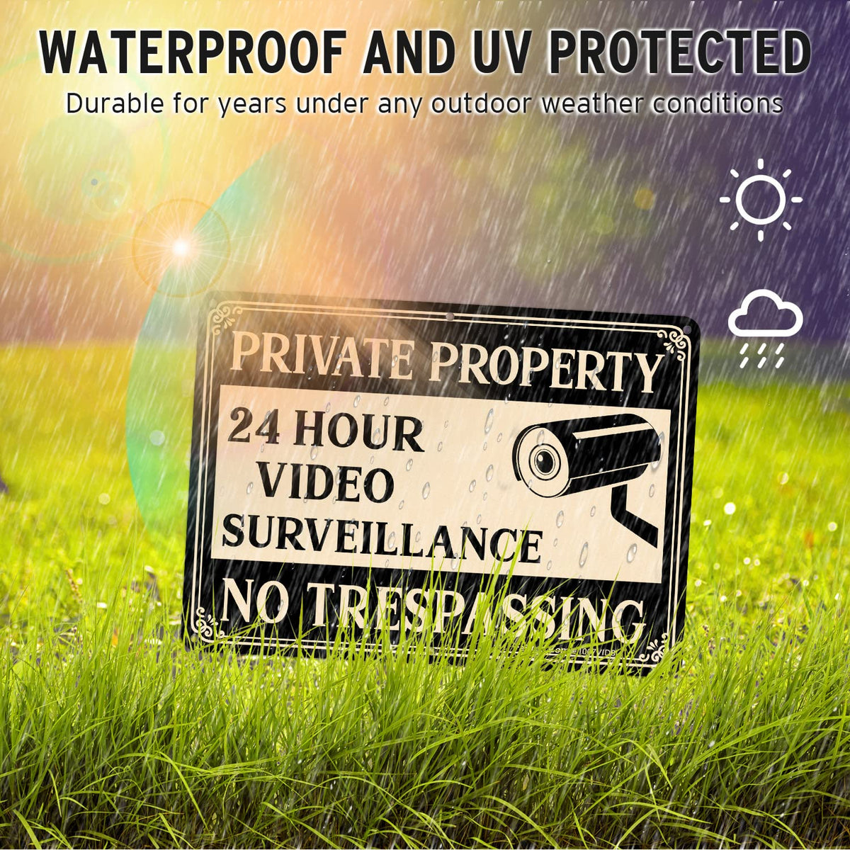 Faittoo reflective-aluminum-sign in black and gold stands out at night for deterrence.