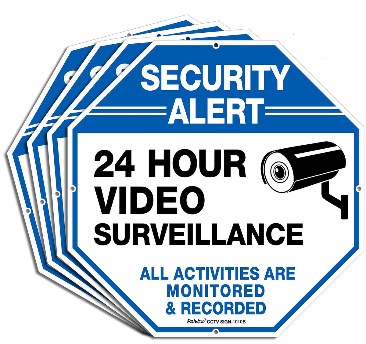 Faittoo security sign showing 24-hour video surveillance in blue for high visibility.