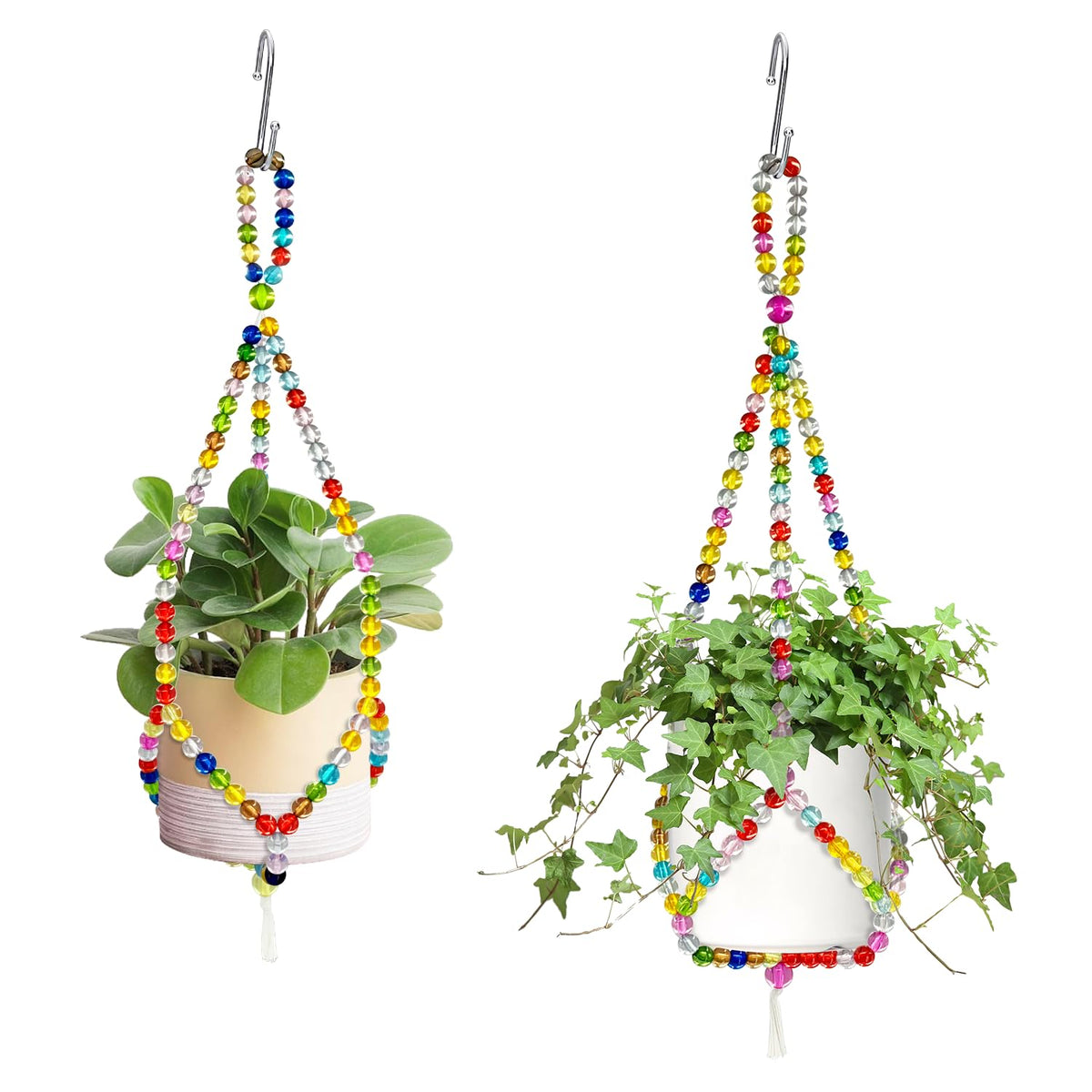 FALESHOS rainbow style macrame hanger 17.9 inch with beads enhances living room ambiance.