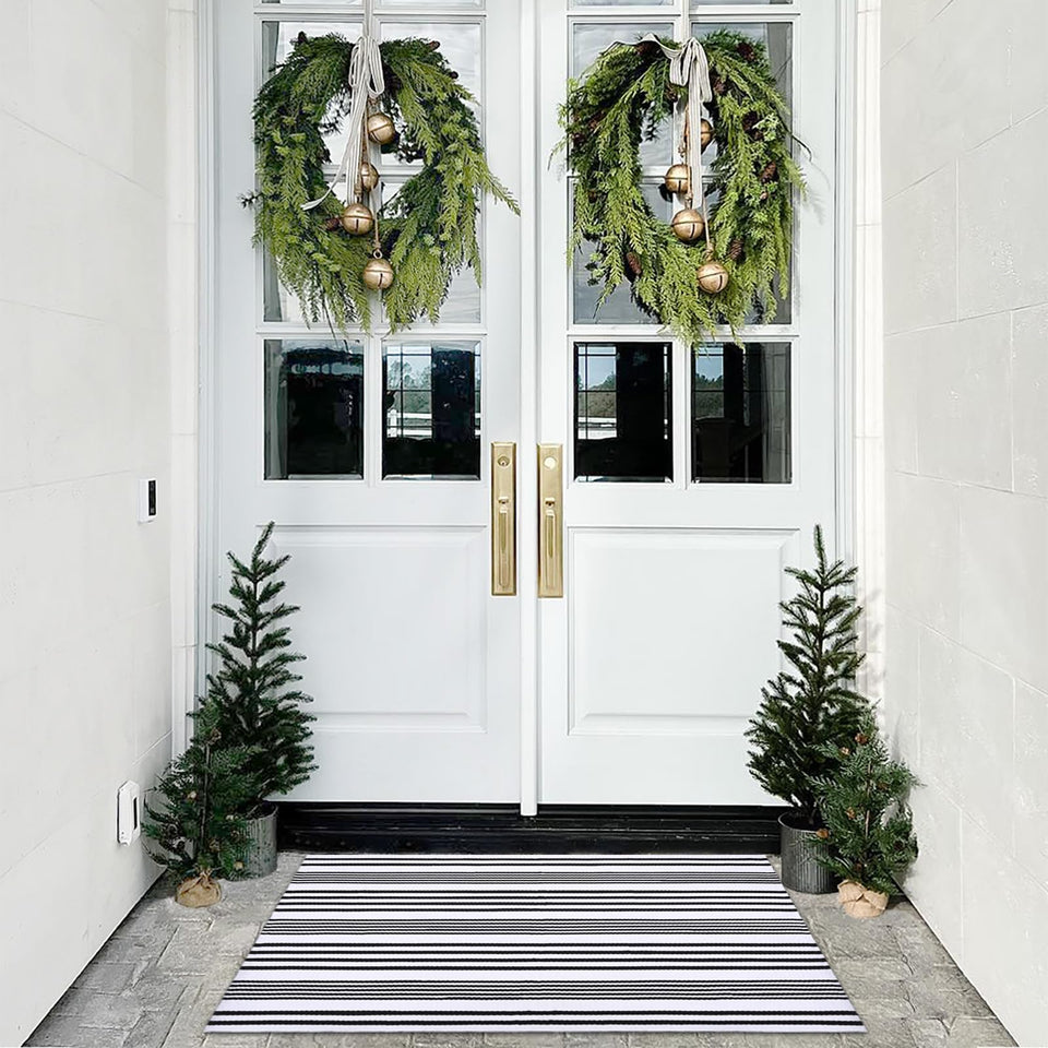 Fallovea black and white striped rug close-up showing soft yet durable fabric for high-traffic areas.