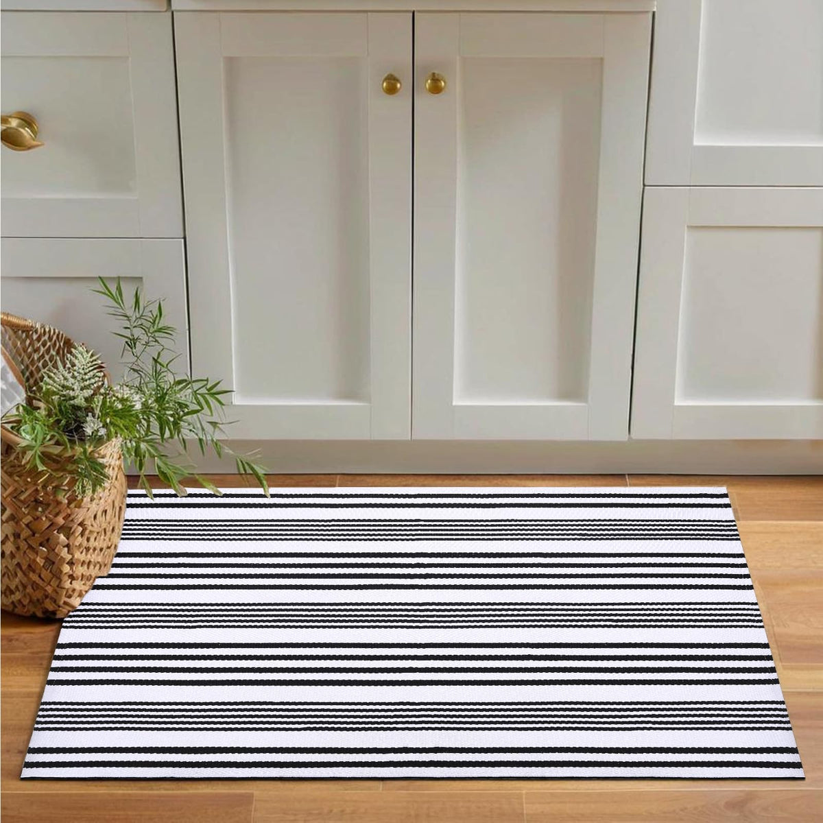 Fallovea front porch striped door mat enhancing curb appeal while withstanding weather.