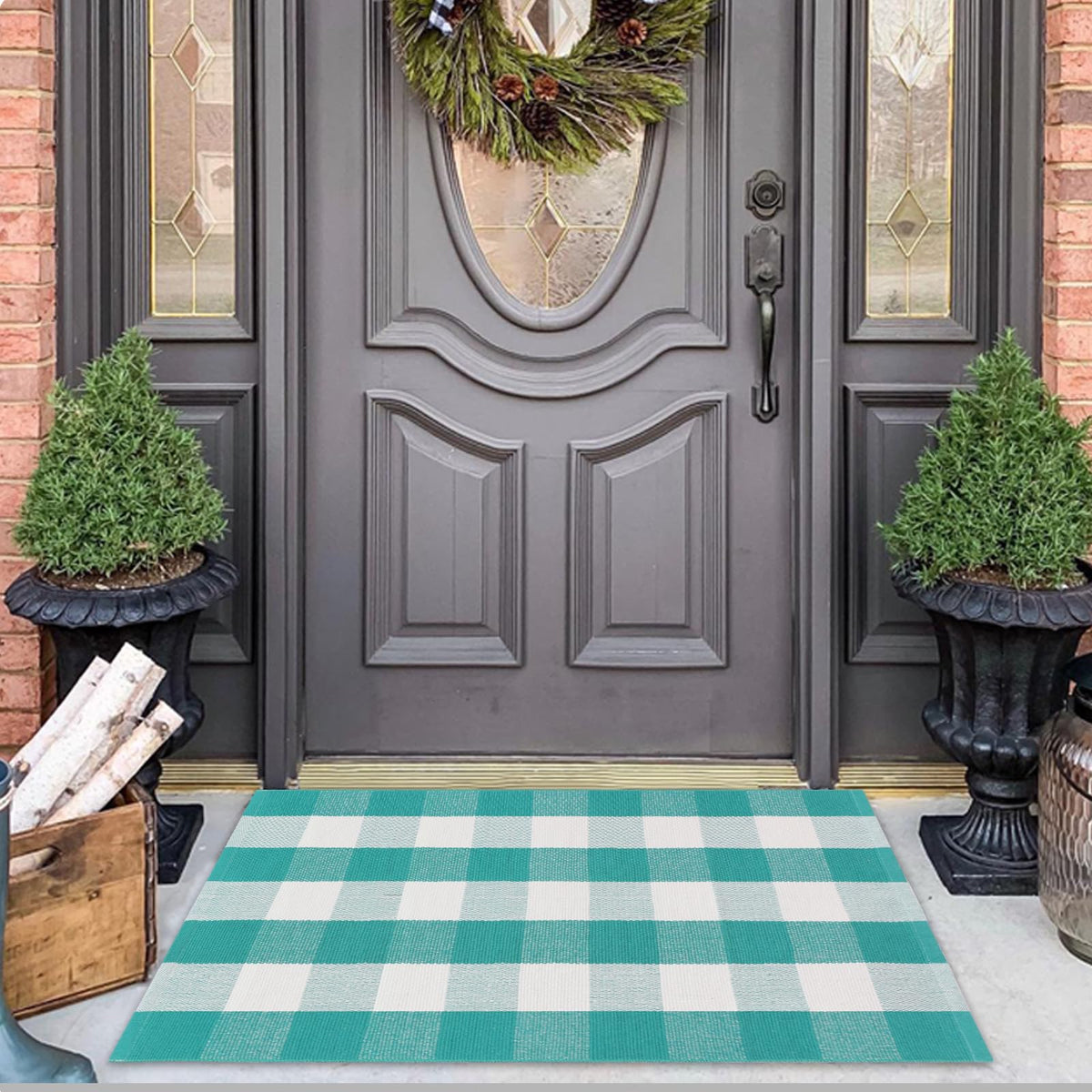Fallovea door mat captures welcoming entry with durable fibers.