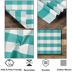 Fallovea outdoor plaid rug brightens patio while withstanding outdoor use.