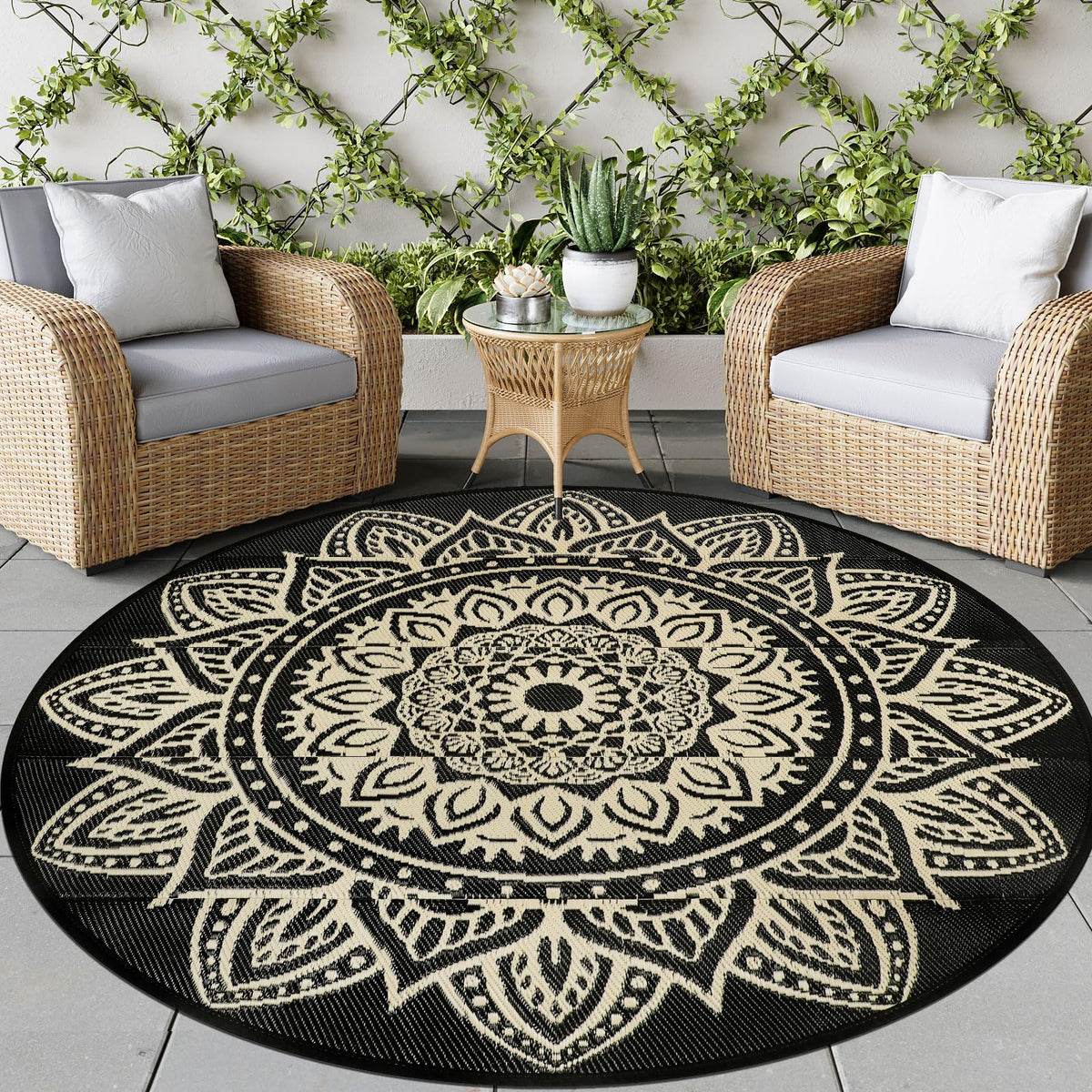Famibay 6 ft round outdoor rug with recycled straw weave for durable outdoor spaces.