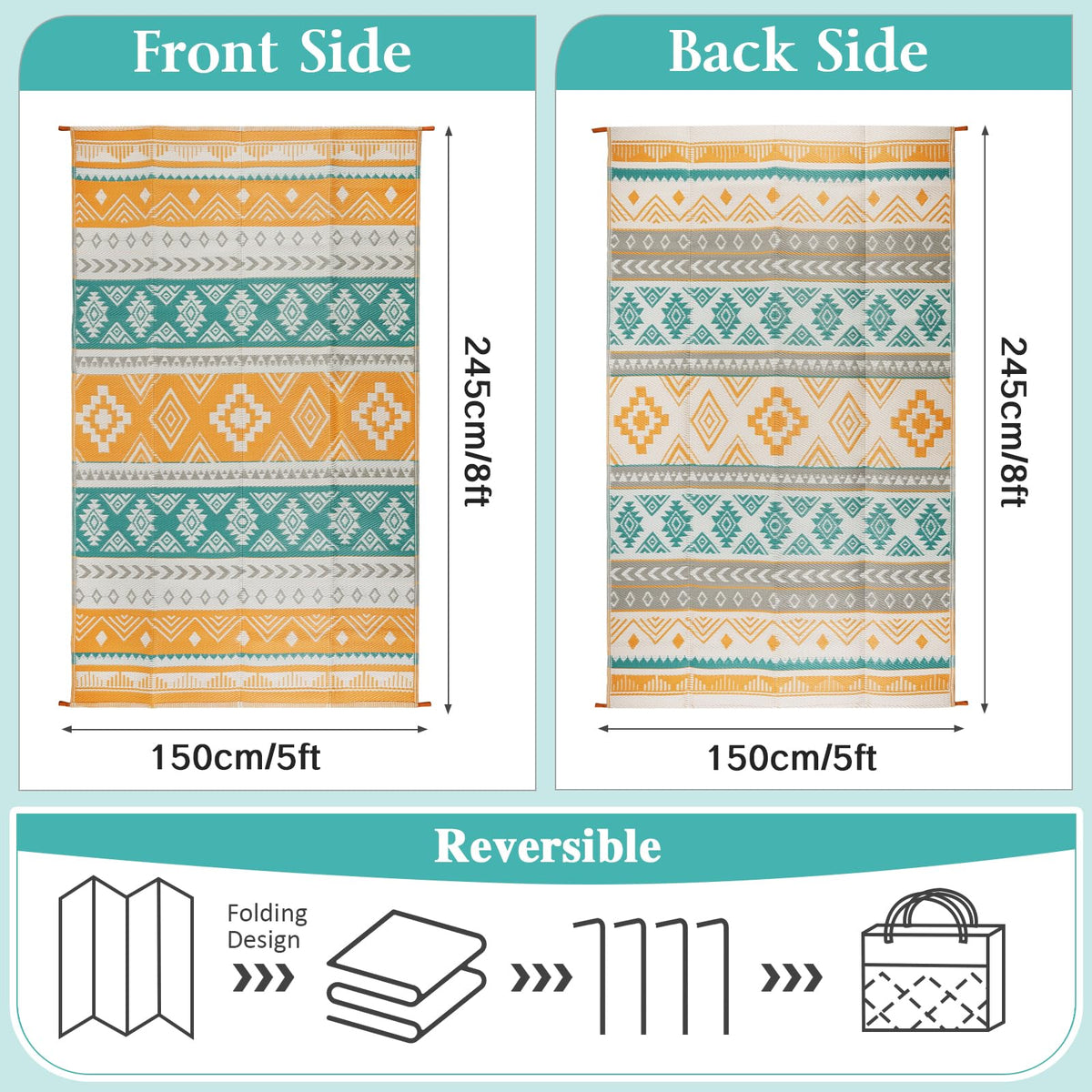 Famibay reversible rug detail showing dual weave for all-season use on decks