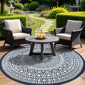 Famibay outdoor rug round 6ft on patio, durable and weather-ready for outdoor entertaining