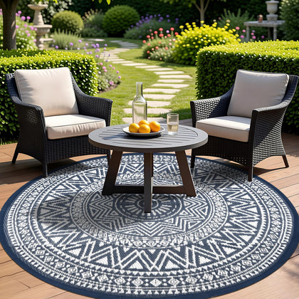 Famibay outdoor rug round 6ft on patio, durable and weather-ready for outdoor entertaining