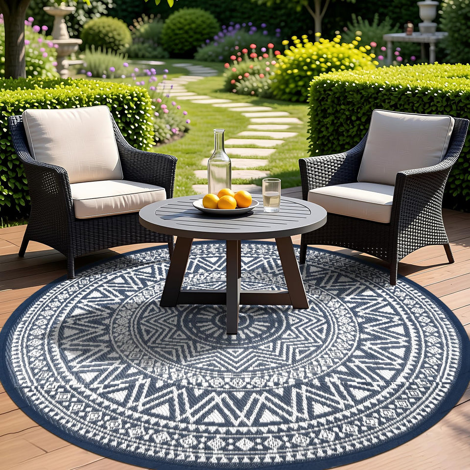 Famibay outdoor rug round 6ft on patio, durable and weather-ready for outdoor entertaining