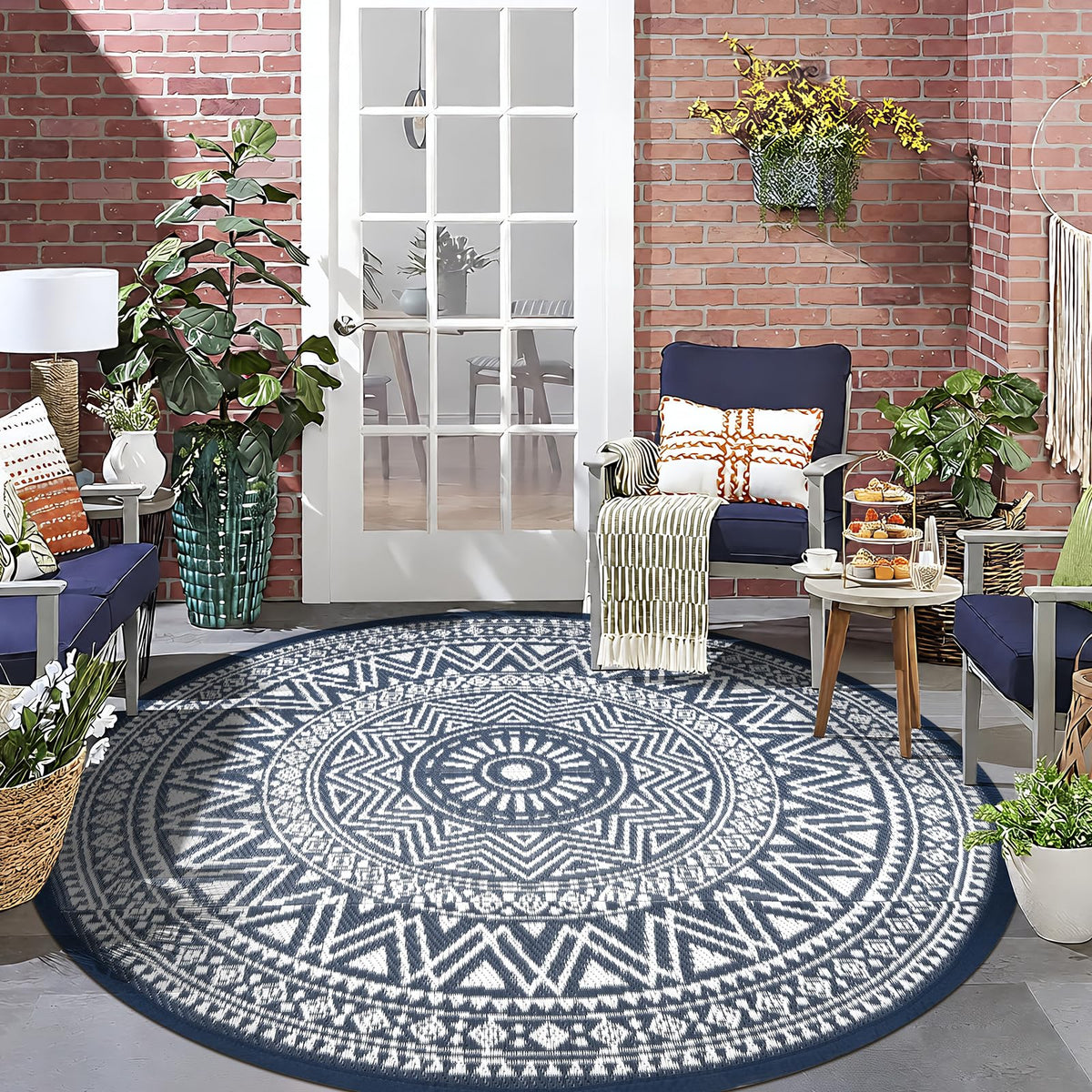Famibay outdoor rug round 6ft versatile for decks, balconies, lawns, and indoor use