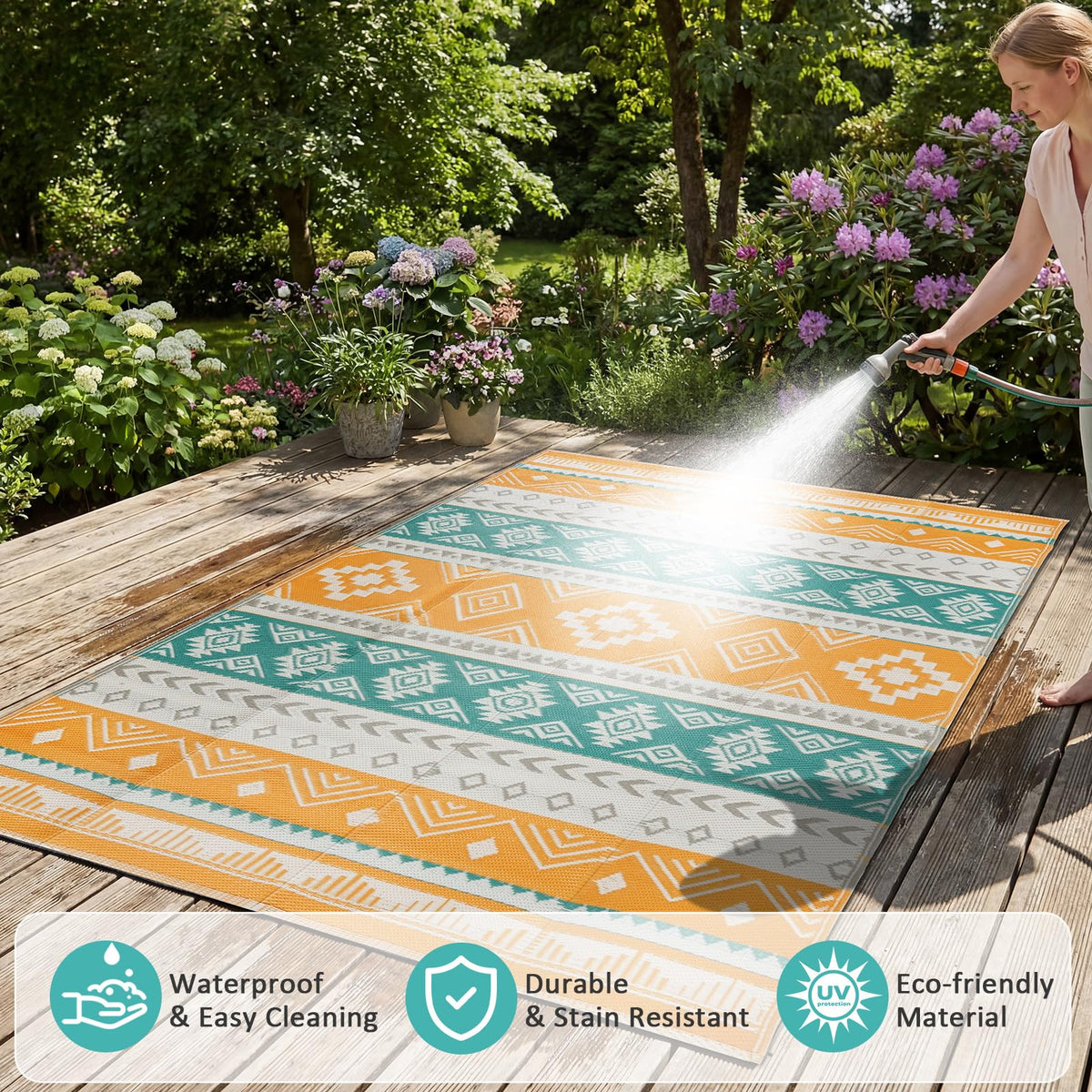 Famibay outdoor rug waterproof close-up, easy cleanup after outdoor gatherings