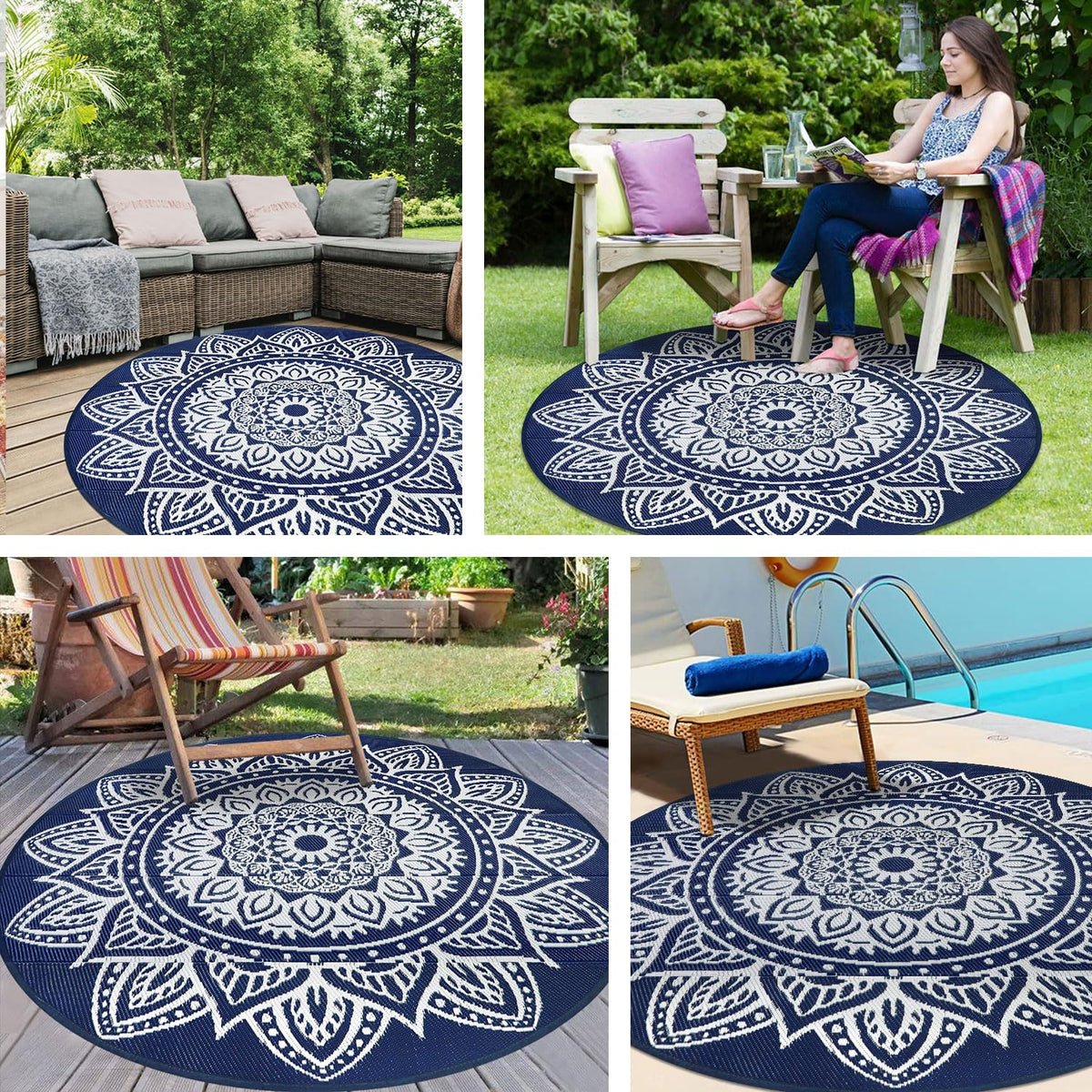 Famibay reversible outdoor rug complements porches and patios with two looks.