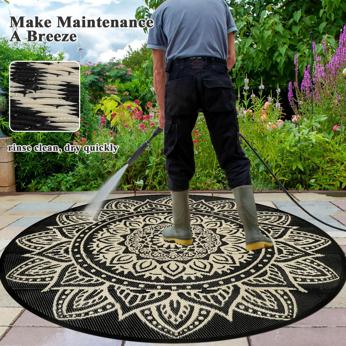 Famibay reversible round patio rug showing two patterns for versatile styling.