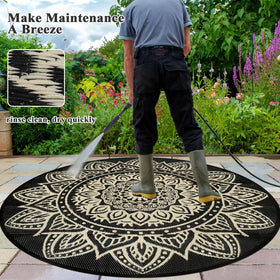 Famibay reversible round patio rug showing two patterns for versatile styling.