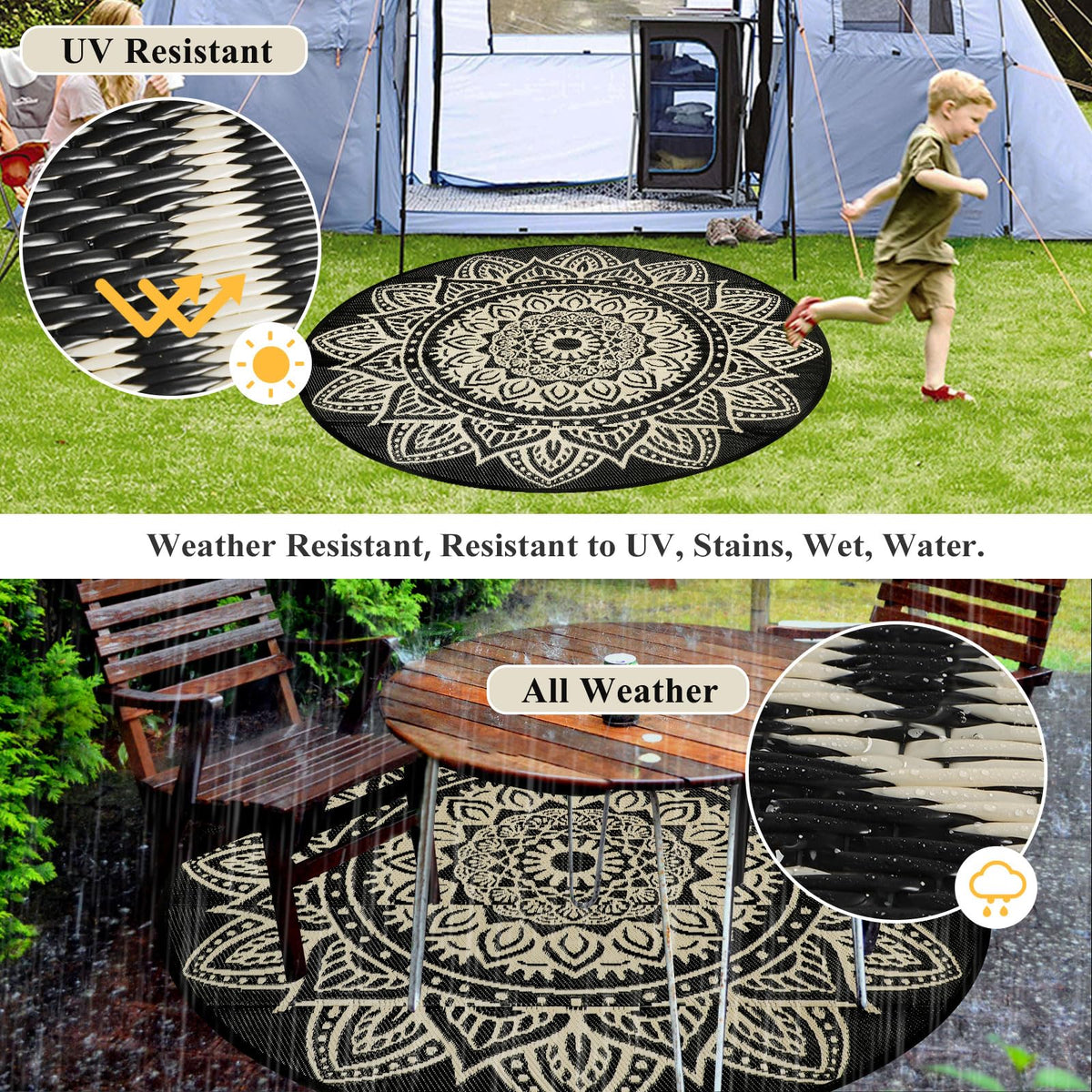 Famibay waterproof outdoor rug made from plastic straw, ideal for wet conditions.