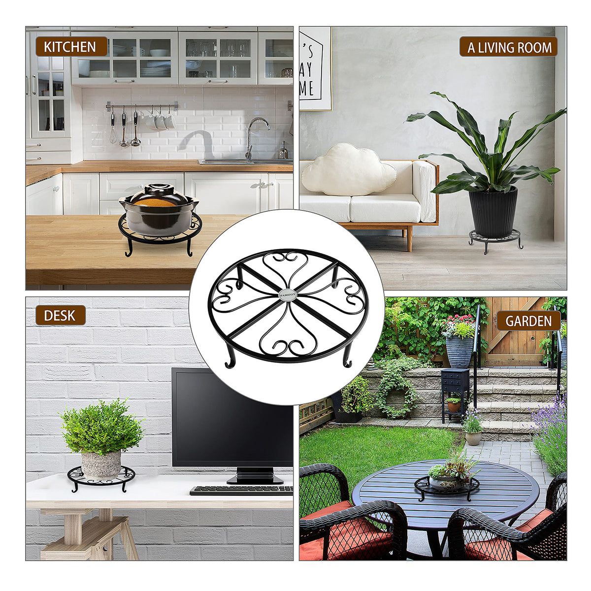 FAMIJOY 12-inch black plant stand shows heavy-pot support for large containers.