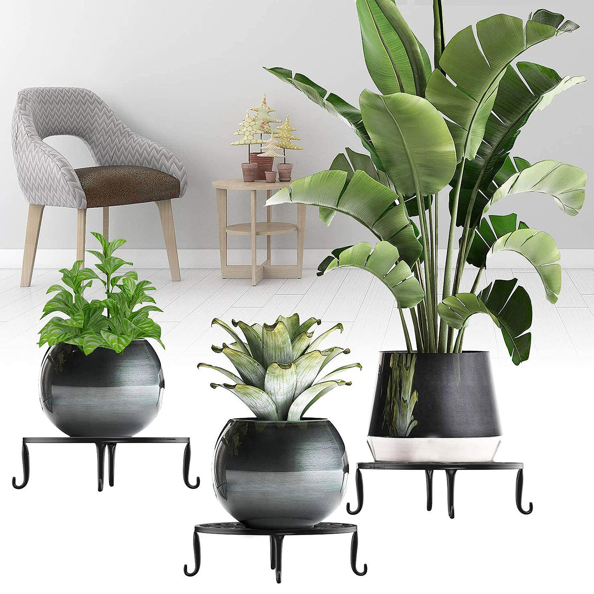 FAMIJOY 2-pack metal plant stands for versatile display in home or garden.
