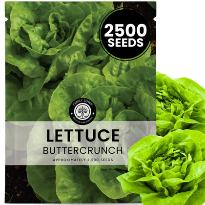 FAMILY SOWN Buttercrunch Lettuce seeds pouch shows premium seeds for easy planting and reliable germination.