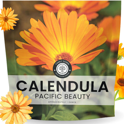 Family Sown Calendula Pacific Beauty seed packet ready for planting in a garden