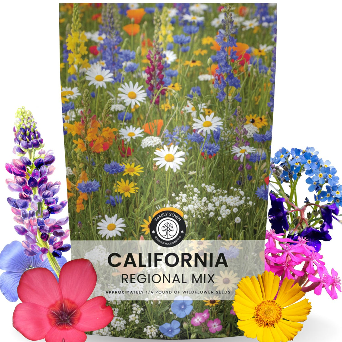 Family Sown California Regional Mix seeds in pouch ready for drought-tolerant landscaping.