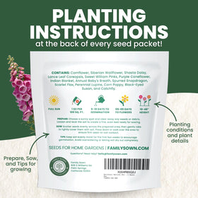 Family SOWN Foxglove moisture pouch showing freshness and long shelf life.