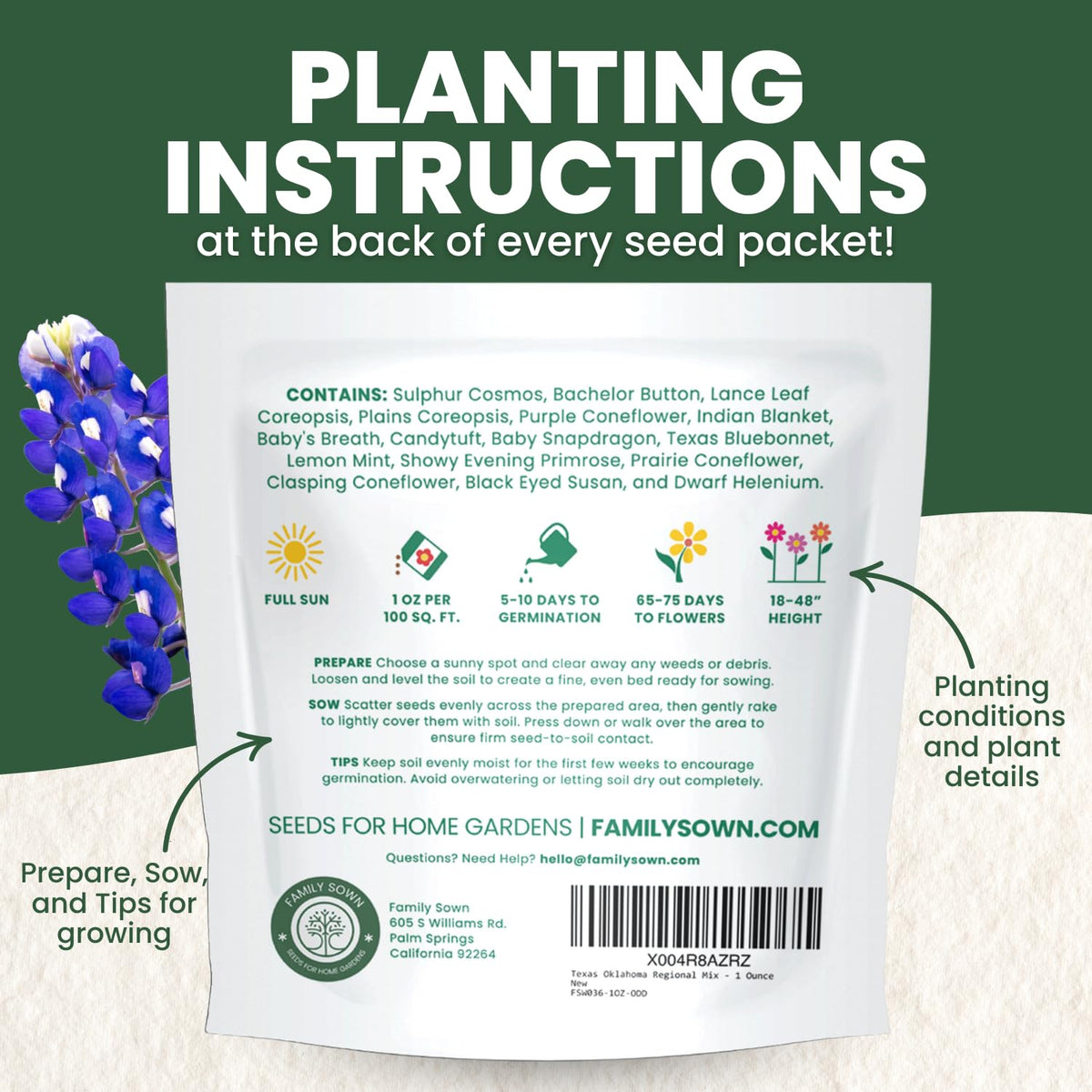 Family Sown one-ounce freshness pouch preserves seed viability for planting.