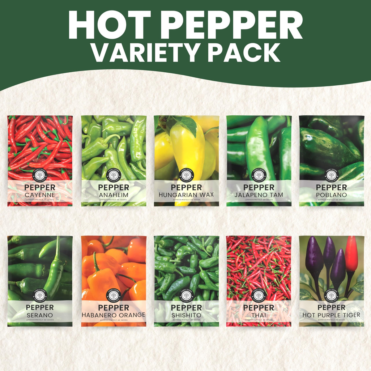 Family Sown poblano seed packet yields milder heat for stuffed peppers.
