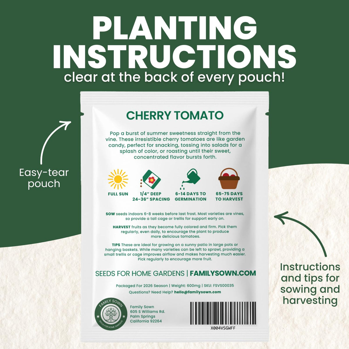 Family Sown seeds in 600mg freshness pouch highlighting packaging integrity.