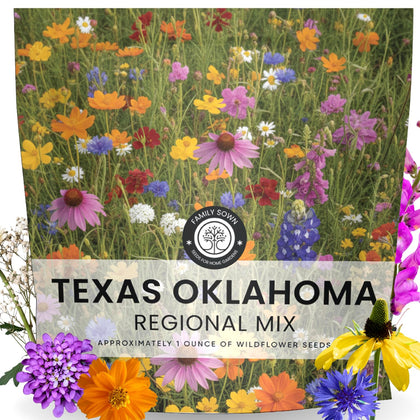 Family Sown Texas-Oklahoma Regional Mix front label showing authentic regional wildflower blend.
